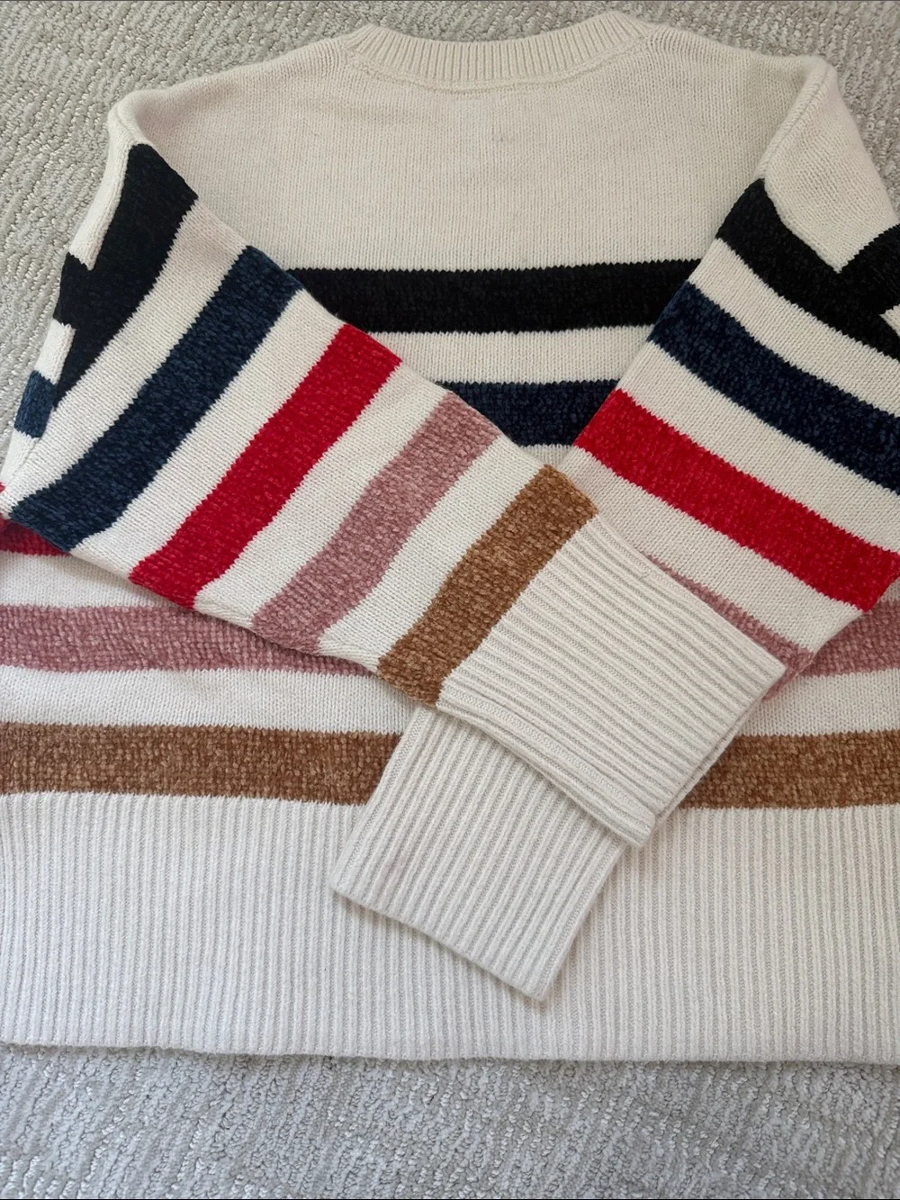 GAP Kids Velour Cream Sweater with Black, Navy, Red, Pink, Brown Stripes